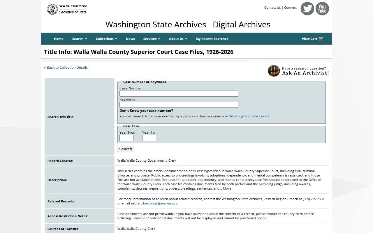 Washington State Digital Archives Walla Walla Superior Court collection page